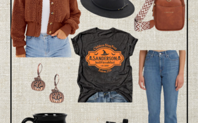 Amazon Outfit Halloween Hocus Pocus Sanderson Sisters Tee, camel colored sherpa shacked, black boots, halloween accesories