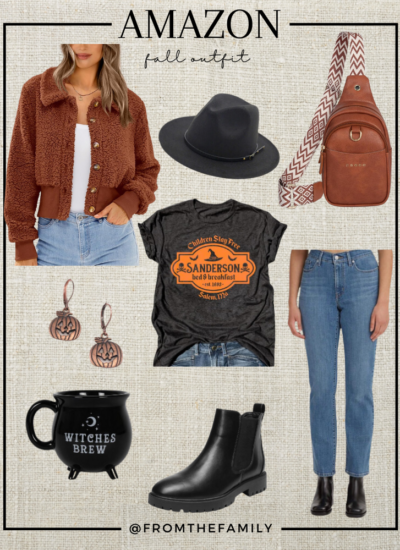 Amazon Outfit Halloween Hocus Pocus Sanderson Sisters Tee, camel colored sherpa shacked, black boots, halloween accesories