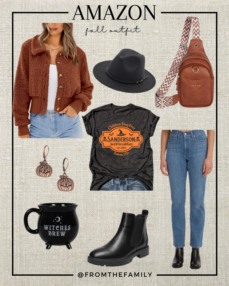 Amazon Outfit Halloween Hocus Pocus Sanderson Sisters Tee, camel colored sherpa shacked, black boots, halloween accesories